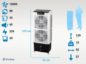 Climatizador evaporativo de gran caudal con ventilador y purificador