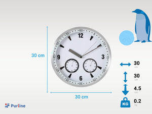 Reloj analógico de pared con indicador de temperatura y humedad en color blanco