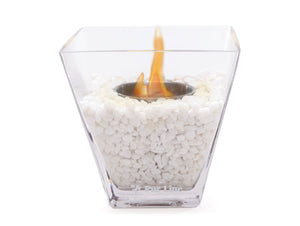 Chimenea de etanol de sobremesa  en cristal templado y con piedras decorativas blancas