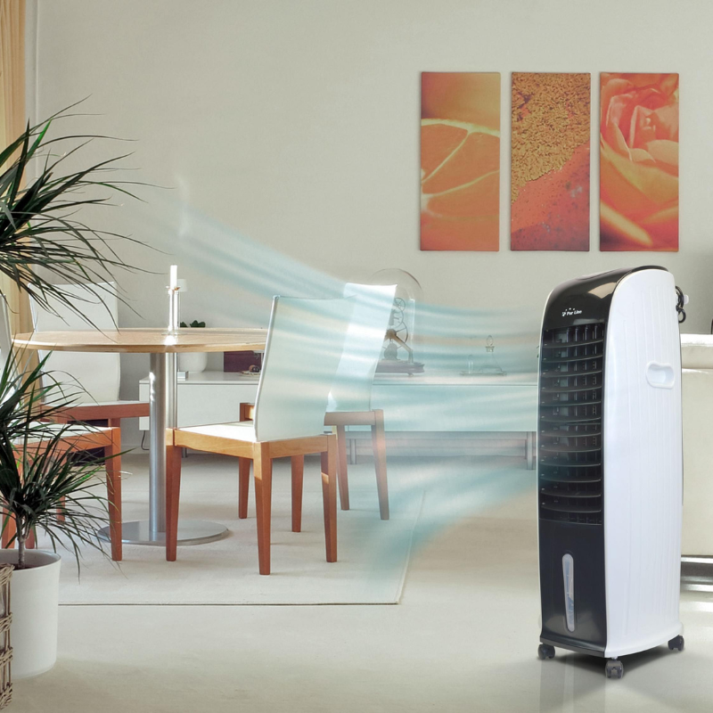 Climatizador evaporativo marca Purline. Imagen que muestra el climatizador evaporativo en funcionamiento.