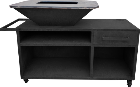 Barbacoa con mueble en acero negro con plancha y grill