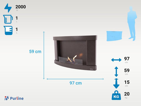 Chimenea de etanol mural de 2000W, diseño rectangular en acero negro, con cristal templado