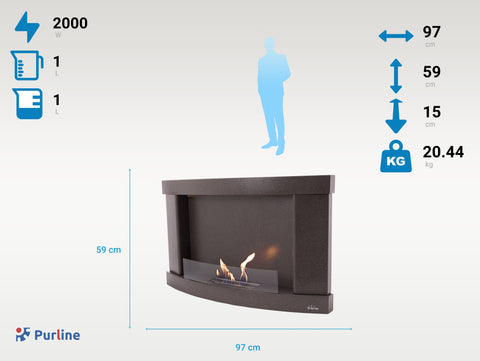 Potencia Maxima 2000 W Chimenea de etanol mural en acero negro y cristal templado