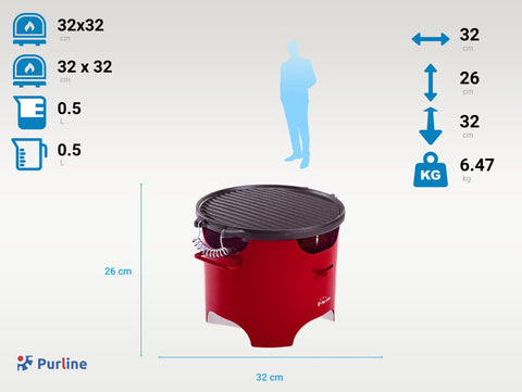 Superficie de cocción 32 x 32 cm Barbacoa de etanol 0.5L en acero rojo y plancha redonda de hierro