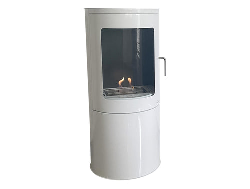 Estufa de etanol en acero blanco con puerta de cristal templado