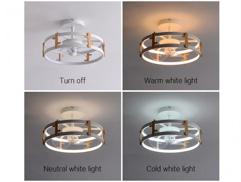 Color Blanco Ventilador Lámpara LED con detalles acabado madera