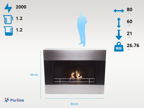 Potencia Maxima 2000 W Chimenea de etanol mural en acero con barras cromadas