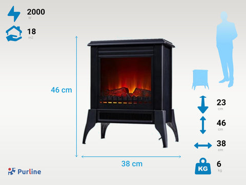 Chimenea Eléctrica de suelo, 2000W, estilo retro con patas, en acero negro