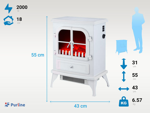 Potencia Maxima 2000 W Chimenea Eléctrica 2kW en acero lacado blanco