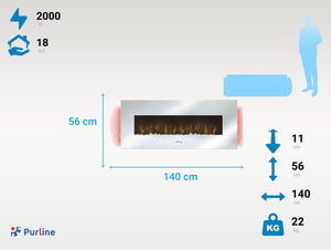 Chimenea Eléctrica mural 2000W diseño panorámico en cristal templado efecto espejo con mando a distancia