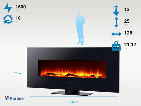 Potencia Maxima 1600 W Chimenea eléctrica panorámica de cristal templado negro