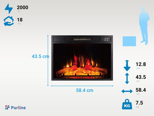 Chimenea Eléctrica mural, 2000W, cristal templado negro, diseño vintage encastrable, con mando a distancia y llama ajustable