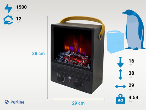 Potencia Maxima 1500 W Chimenea eléctrica portátil de acero negro y patas