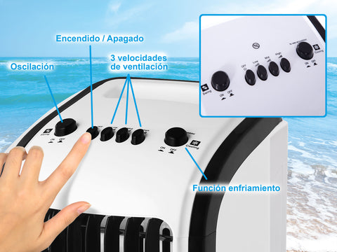 Climatizador evaporativo 60W con ventilador y purificador de aire