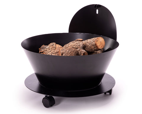 Cubo porta leña con tapa y ruedas en acero negro