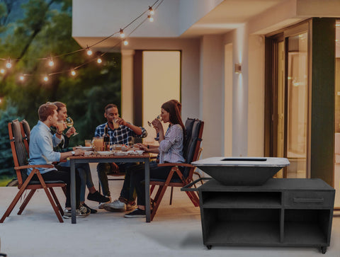 Barbacoa con mueble en acero negro con plancha y grill
