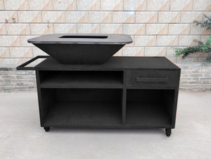 Barbacoa con mueble en acero negro con plancha y grill