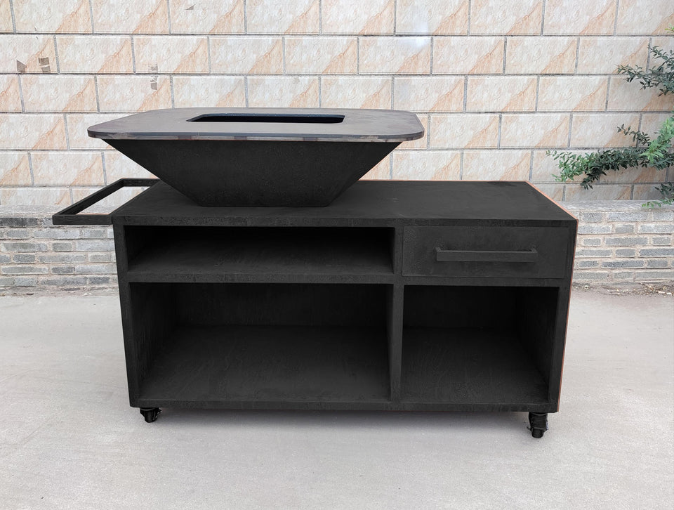 Barbacoa con mueble en acero negro con plancha y grill