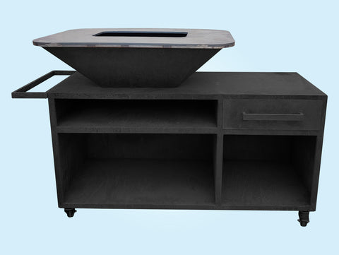 Barbacoa con mueble en acero negro con plancha y grill
