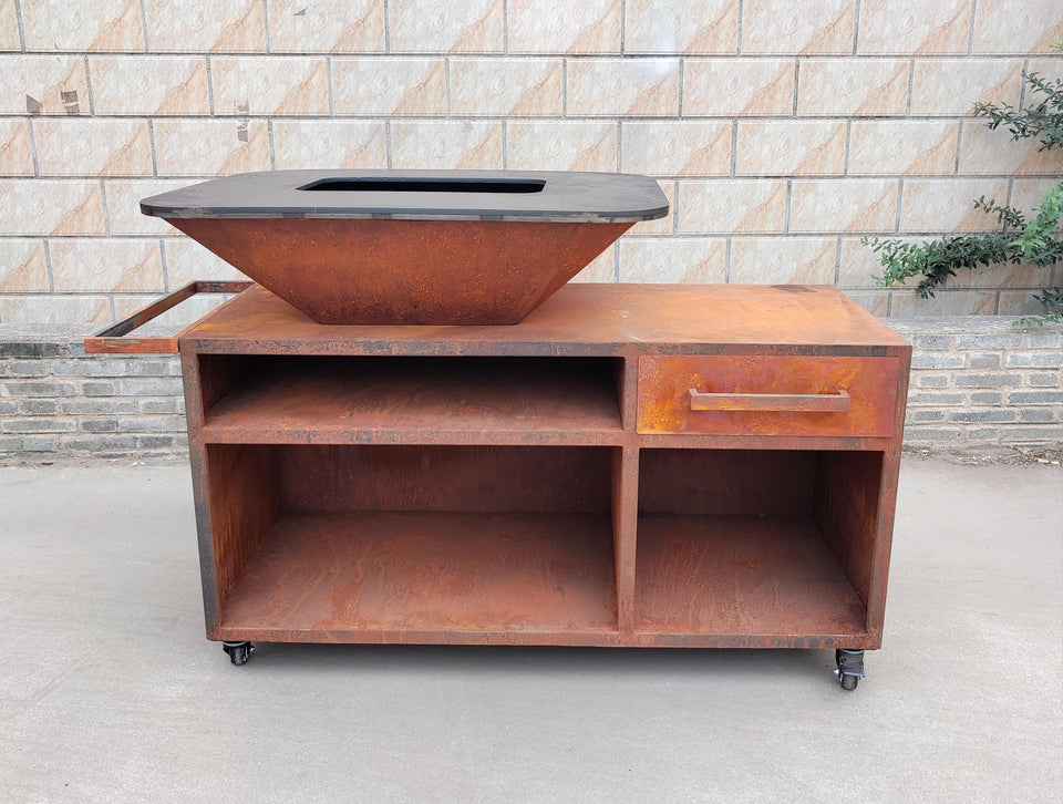 Barbacoa con mueble en acero negro con plancha y grill