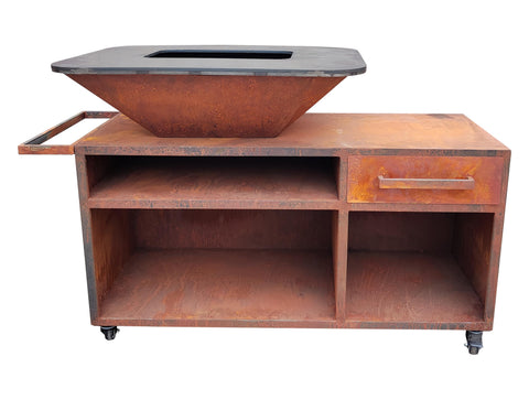 Barbacoa con mueble en acero corten con plancha y grill