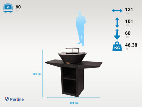 EFP57B: Barbacoa con plancha redonda, grill y soporte en acero color negro
