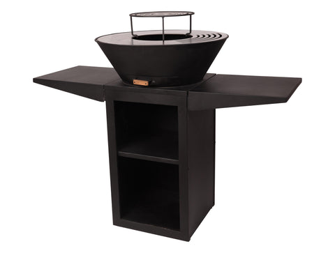 Barbacoa con plancha redonda, grill y soporte en acero color negro