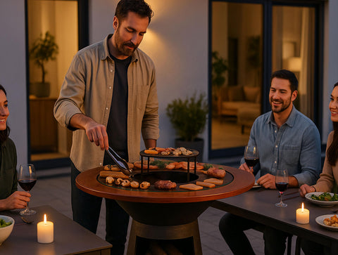 EFP59B WOOD: Barbacoa redonda con plancha de acero y grill y tablero de madera