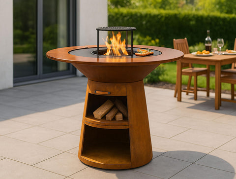 EFP59CO WOOD: Barbacoa redonda con plancha de acero y grill y tablero de madera