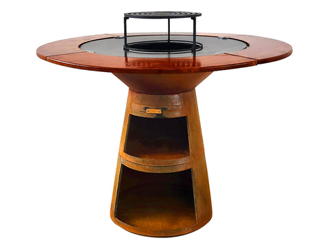 Barbacoa redonda con plancha de acero y grill y tablero de madera