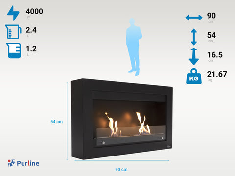 Potencia Maxima 4000 W Chimenea de etanol mural de gran anchura en acero negro y doble llama