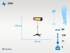 Calefactor halógeno - Purline HEATY EXC 25 | 2500W | De pie o Mural, | Interiores y Exteriores | 3 Potencias