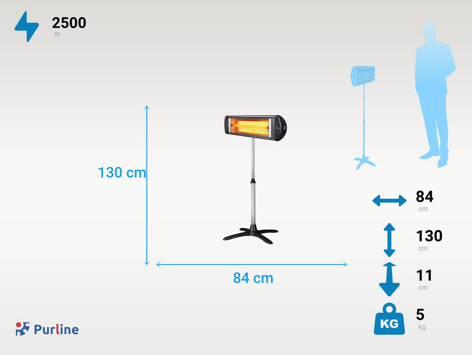 Calefactor halógeno - Purline HEATY EXC 25 | 2500W | De pie o Mural, | Interiores y Exteriores | 3 Potencias