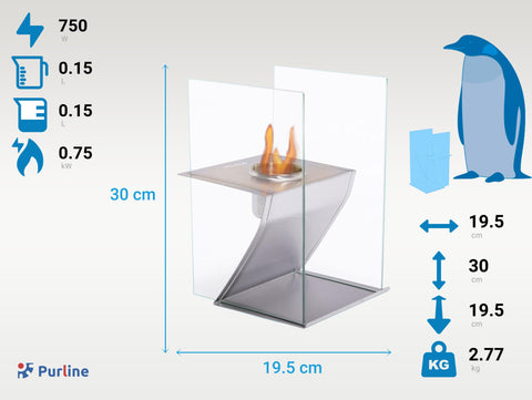 Potencia Maxima 750 W Chimenea de etanol de sobremesa en acero inoxidable y cristal templado