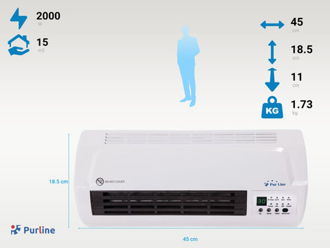 Potencia Maxima 2000 W Calefactor split mural 2000 W con mando a distancia y temporizador
