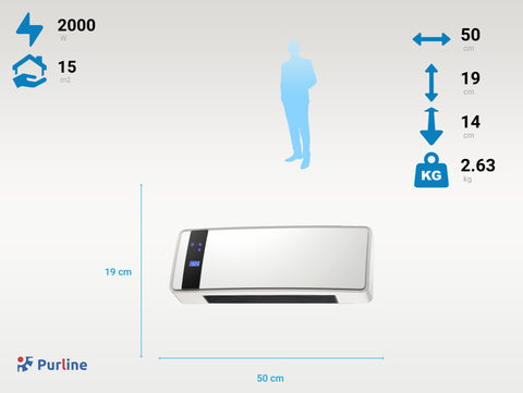 Potencia Maxima 2000 W Calefactor Cerámico mural 2000 W 3 modos de funcionamiento con mando a distancia y temporizador