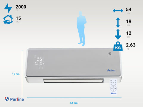 Potencia Maxima 2000 W Calefactor Cerámico mural 2000 W frontal de cristal plateado mando a distancia y temporizador