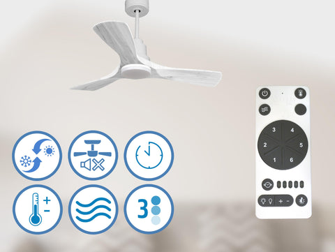 Ventilador de techo Modo Invierno/Verano Termostato Dimable Wifi Motor DC Techos Inclinados Mando a Distancia Luz tres tonos Hypersilence Memoria