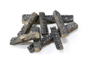 Leños decorativos en gris de fibra cerámica para chimenea. Pack de 8 uds