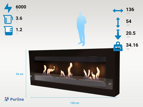 MELIBEA B: Chimenea de etanol mural extra grande en acero negro y cristal templado