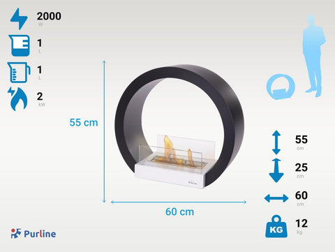 Biochimenea de suelo -  Modelo MOREA B | 2000W | Diseño semicircular | Acero color negro | Cristal templado
