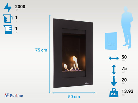Potencia Maxima 2000 W Chimenea de etanol mural vertical en acero negro