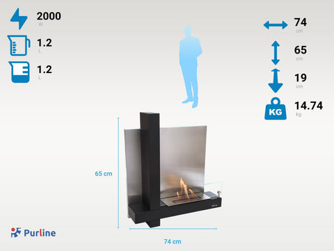 Potencia Maxima 2000 W Chimenea de etanol mural en acero inoxidable negro