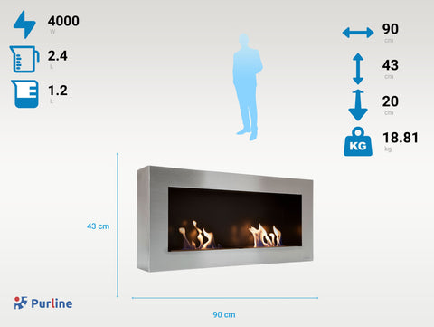 Potencia Maxima 4000 W Chimenea de etanol mural de gran anchura en acero y doble llama