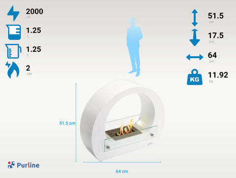 Potencia Maxima 2000 W Chimenea de etanol de suelo en acero blanco y llama regulable