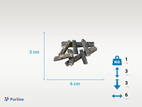 Leños decorativos en gris de fibra cerámica para chimenea. Pack de 8 uds