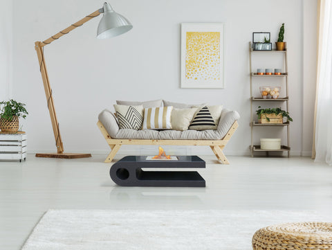 Chimenea de etanol diseño de mesa en acero negro y cristal templado