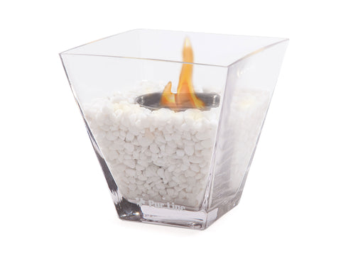 Chimenea de etanol de sobremesa  en cristal templado y con piedras decorativas blancas