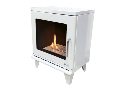 Estufa de etanol diseño cuadrado en acero blanco y puerta de cristal templado