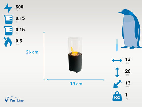 Chimenea de etanol sobremesa cilíndrica con base en acero negro